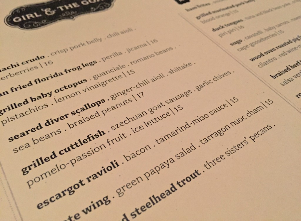 Fish menu, Girl & The Goat, Chicago