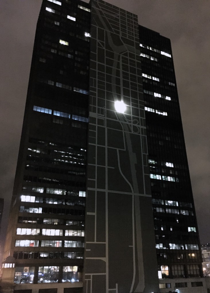 Super cool building with a map of Chicago on the side